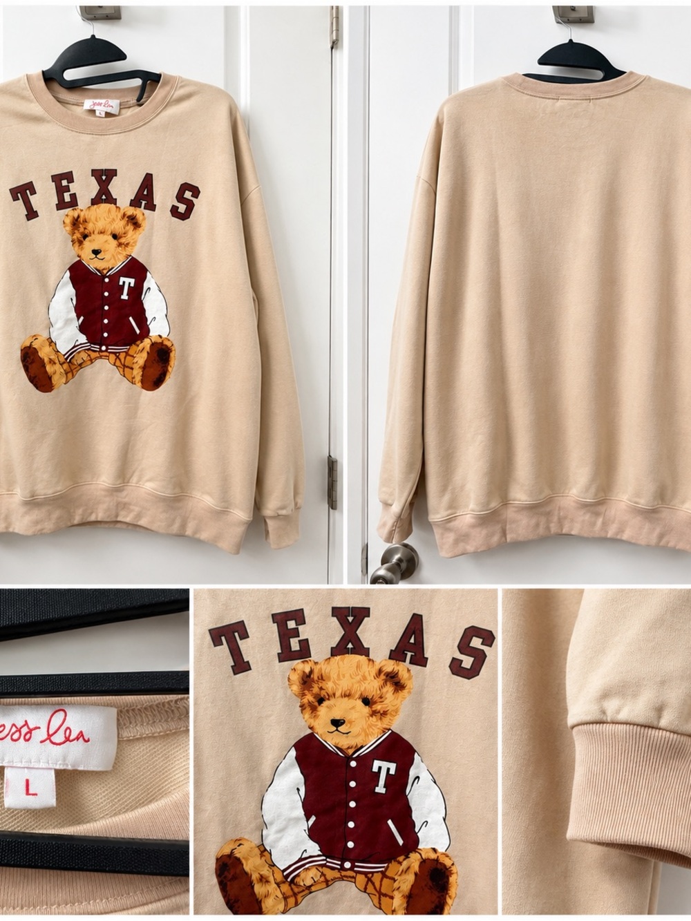 Jess Lea Texas Teddy Bear Varsity Sweatshirt Beige Maroon Size L